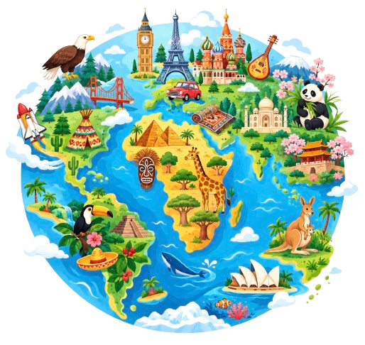 A colorful globe with small illustrations of landmarks, traditional celebrations, and puzzle pieces.